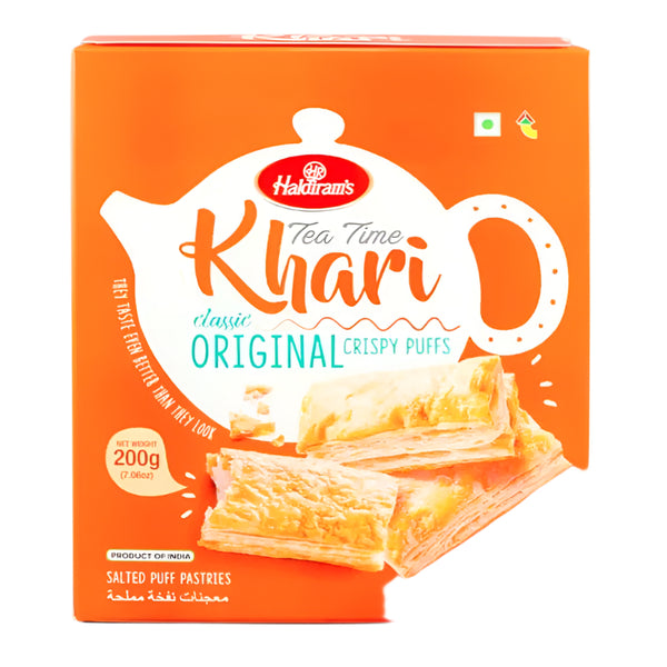 Haldiram Khari Plain Crispy Puffs 200g pack of light, flaky Indian snacks from Shubham Foods, perfect for parties and tea-time snacking.