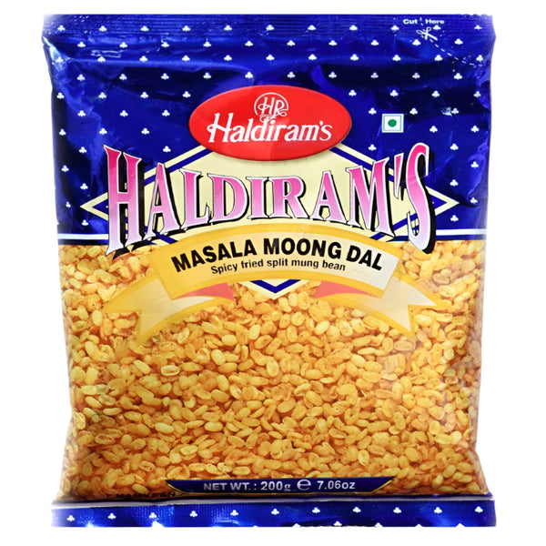 Haldiram Masala Moong Dal 200g pack of crispy, spicy Indian snacks from Shubham Foods, perfect for parties and evening snacking.
