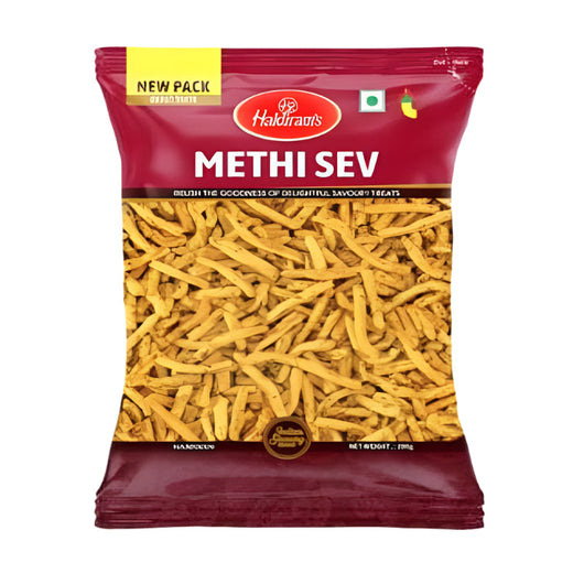 Haldiram Methi Sev 200g pack of crispy, fenugreek-flavored Indian snacks from Shubham Foods, perfect for parties and evening snacking.