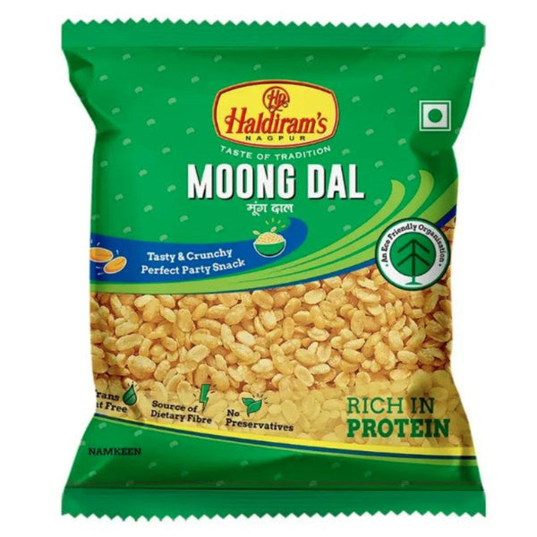 Haldiram Moong Dal 200g pack of crispy, savory Indian snacks from Shubham Foods, perfect for parties and evening snacking.