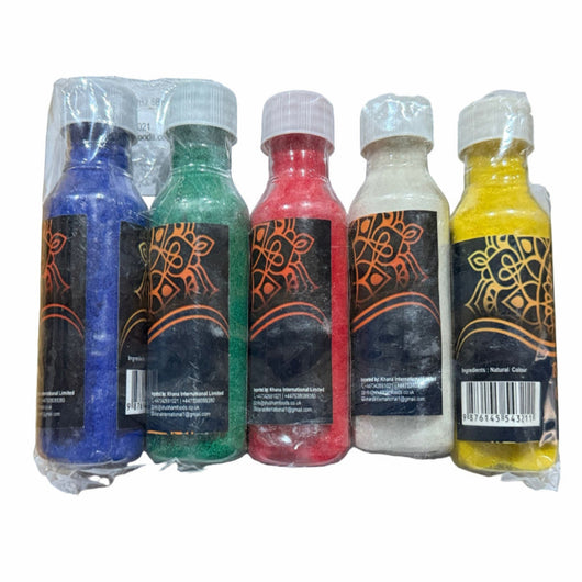 Rangoli Colour Bottles – Pack of 5 (Variety of Colours) – Authentic Indian Festive Powders Online UK