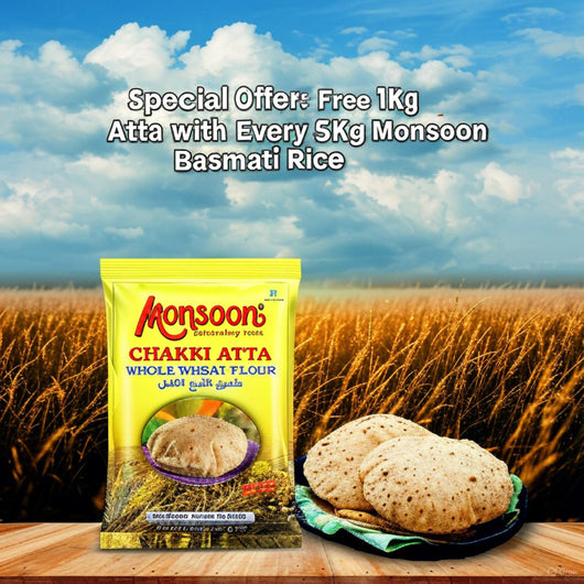 Buy Monsoon Extra Fine Basmati Rice 5Kg with Free Monsoon Chakki Atta 1Kg